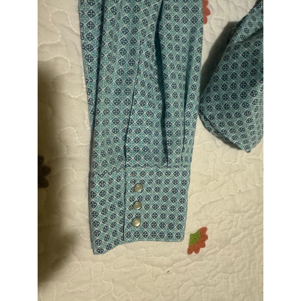 Wrangler Wrancher Men Shirt Size L Turquoise Navy Blue Pearl Snaps - Picture 5 of 8
